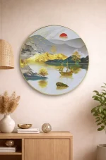 Round Frame Metal Finished Foil Print Golden Ship and Mountain Wall Hanging, Luxury Landscape Painting  Frame for Living Room Decoration - Image 6