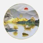 Round Frame Metal Finished Foil Print Golden Ship and Mountain Wall Hanging, Luxury Landscape Painting  Frame for Living Room Decoration