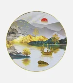 Round Frame Metal Finished Foil Print Golden Ship and Mountain Wall Hanging, Luxury Landscape Painting  Frame for Living Room Decoration